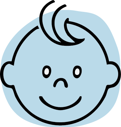 Simplified illustration of a smiling baby's face with curly hair.