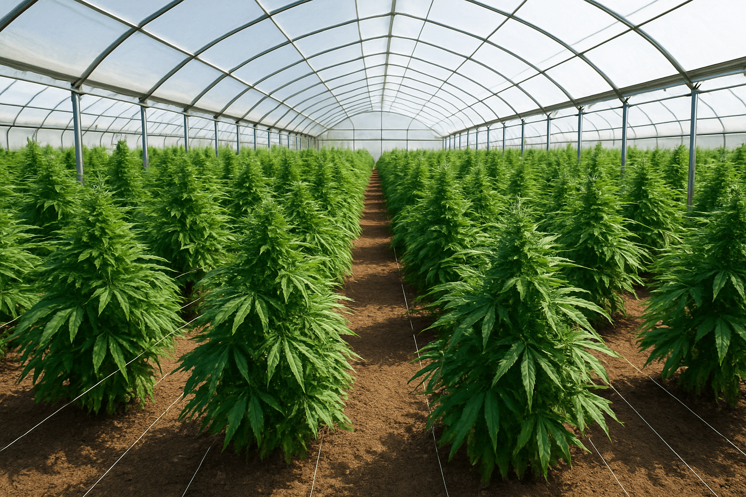 Cultivated cannabis plants inside a greenhouse, growing in soil with trellis support.