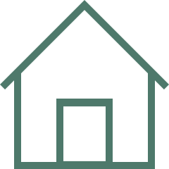 Outline sketch of a house with a gable roof and a door