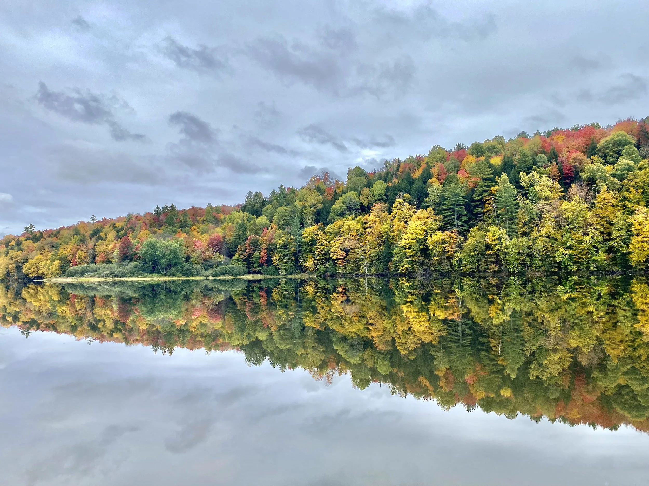 Autumn landscape with colorful trees along a lake reflecting the sky and foliage