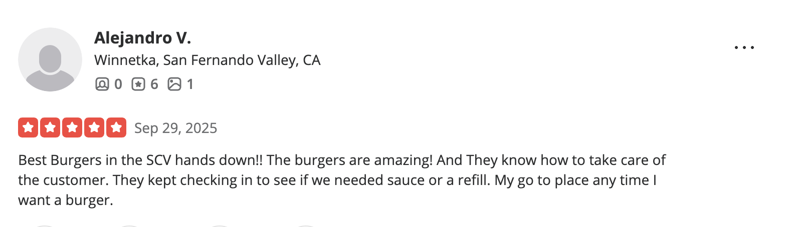 Review for a burger restaurant with a 5-star rating, dated September 29, 2025, from Alejandro V. in Winnetka, San Fernando Valley, CA.