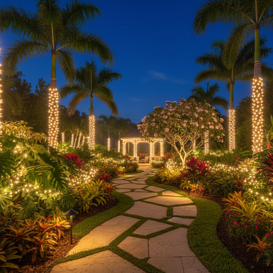 A beautifully lit garden at night with a winding stone pathway, palm trees wrapped in string lights, and flowering bushes, leading to a gazebo.