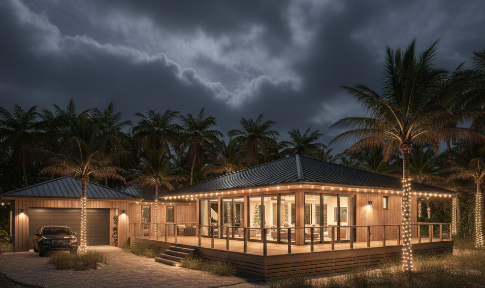 A cozy wooden house with a wraparound porch decorated with string lights, surrounded by palm trees at dusk.