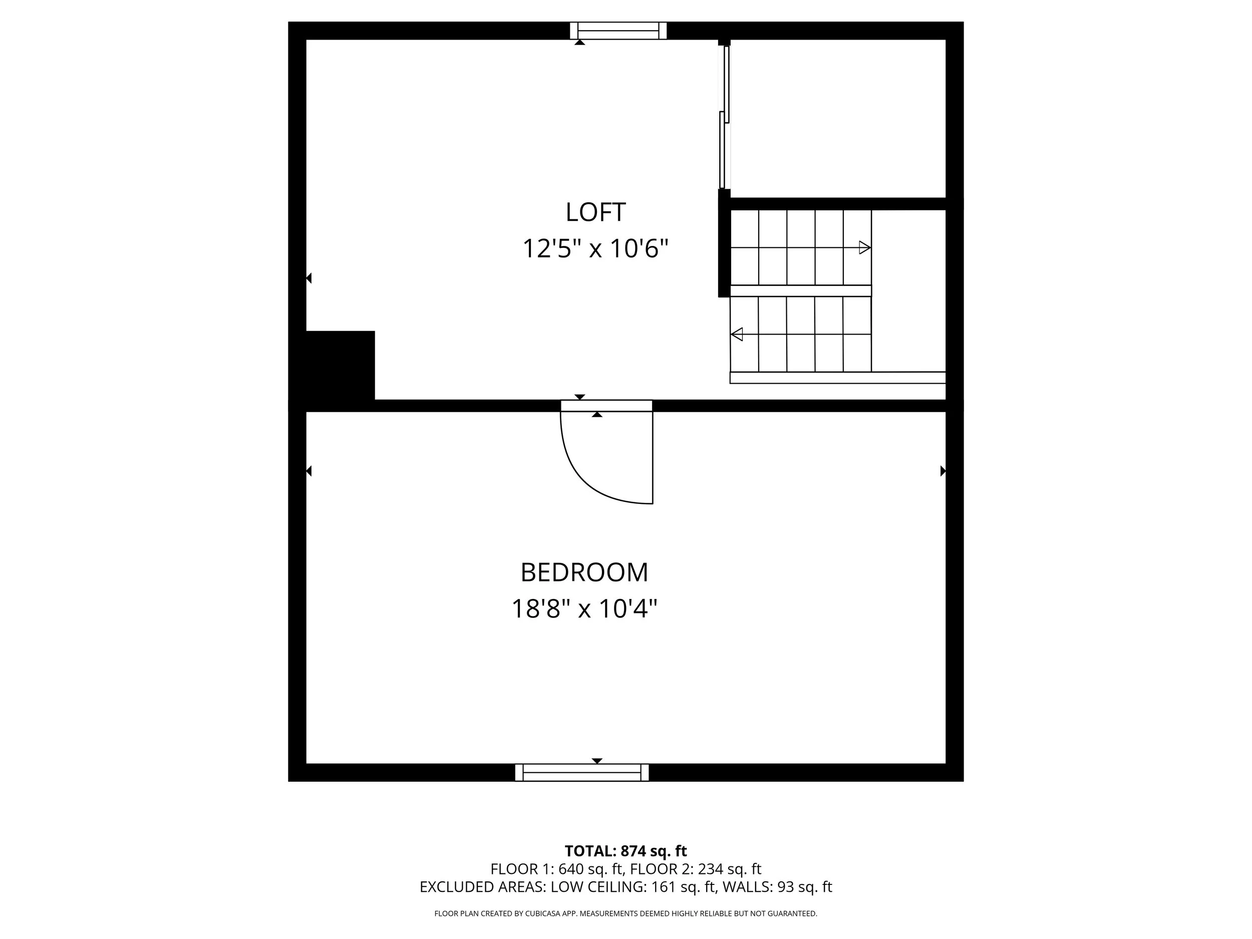 Floor plan of second floor showing bedroom and loft space, with staircase and doorways.