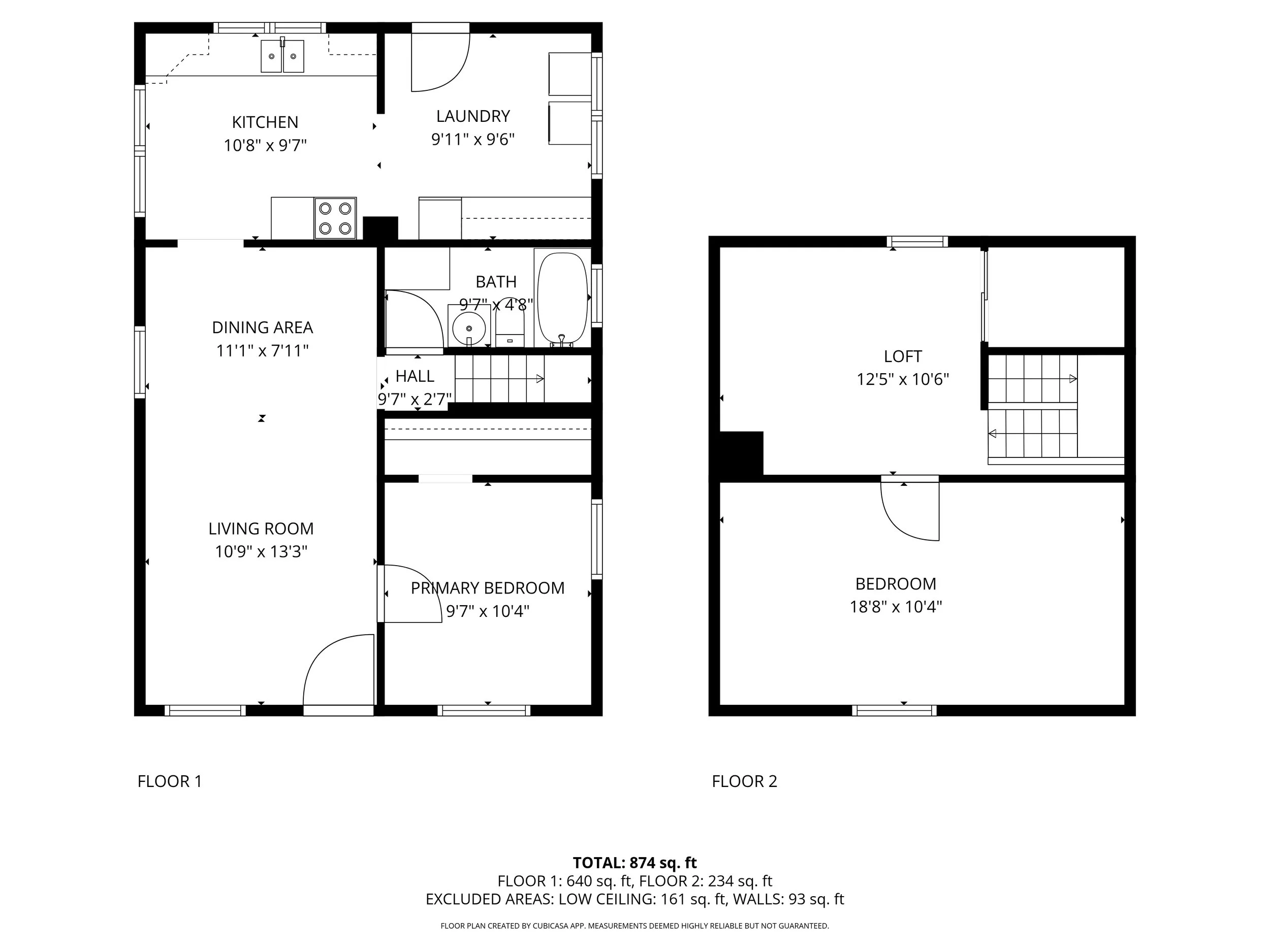 Floor plan of a two-story house with labeled rooms including a kitchen, laundry, bathroom, dining area, living room, primary bedroom, hall, loft, and additional bedroom, with measurements for each room.