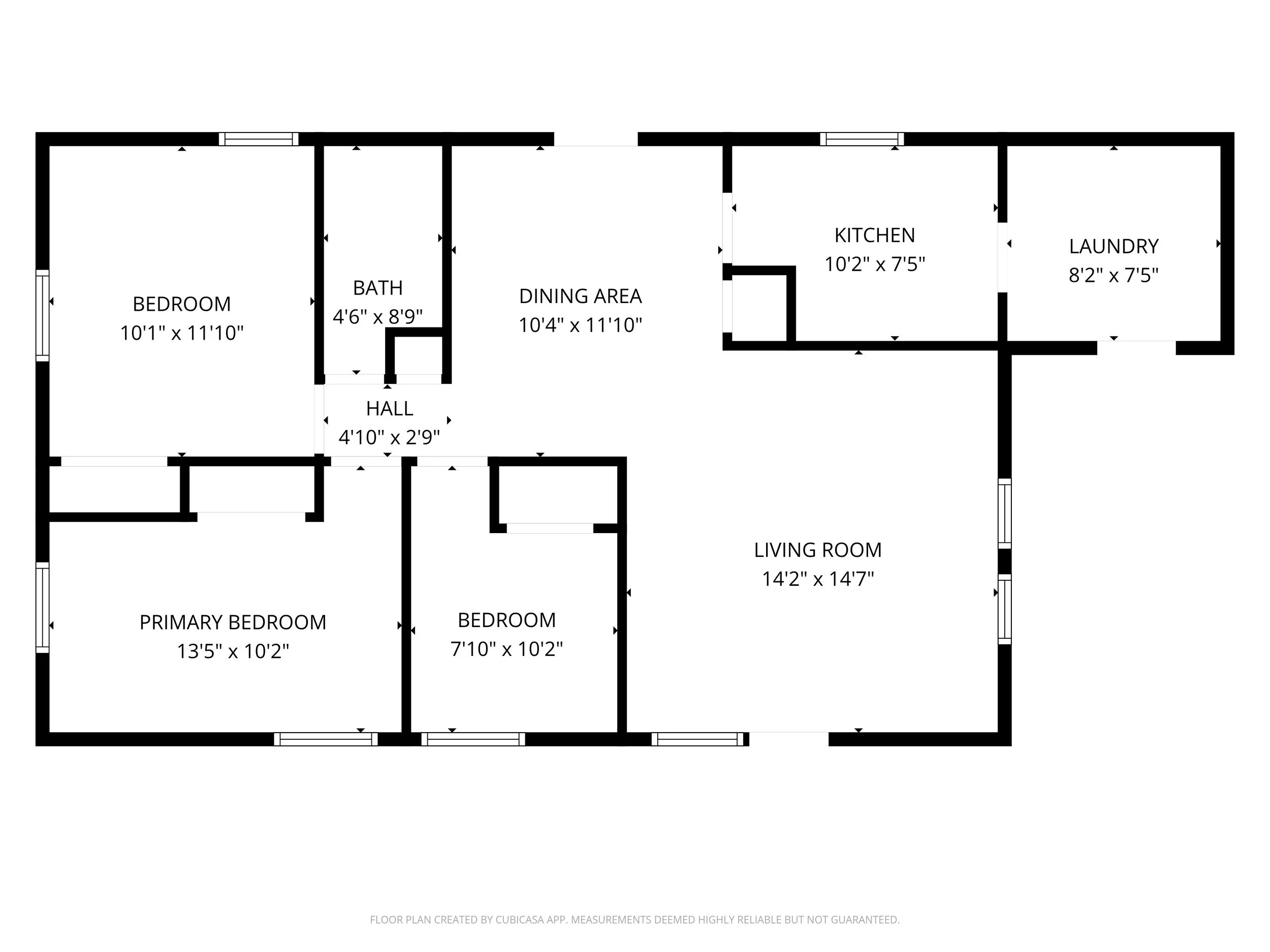 Floor plan of a house with labeled rooms including two bedrooms, a primary bedroom, a bathroom, a dining area, a kitchen, a laundry room, and a living room.