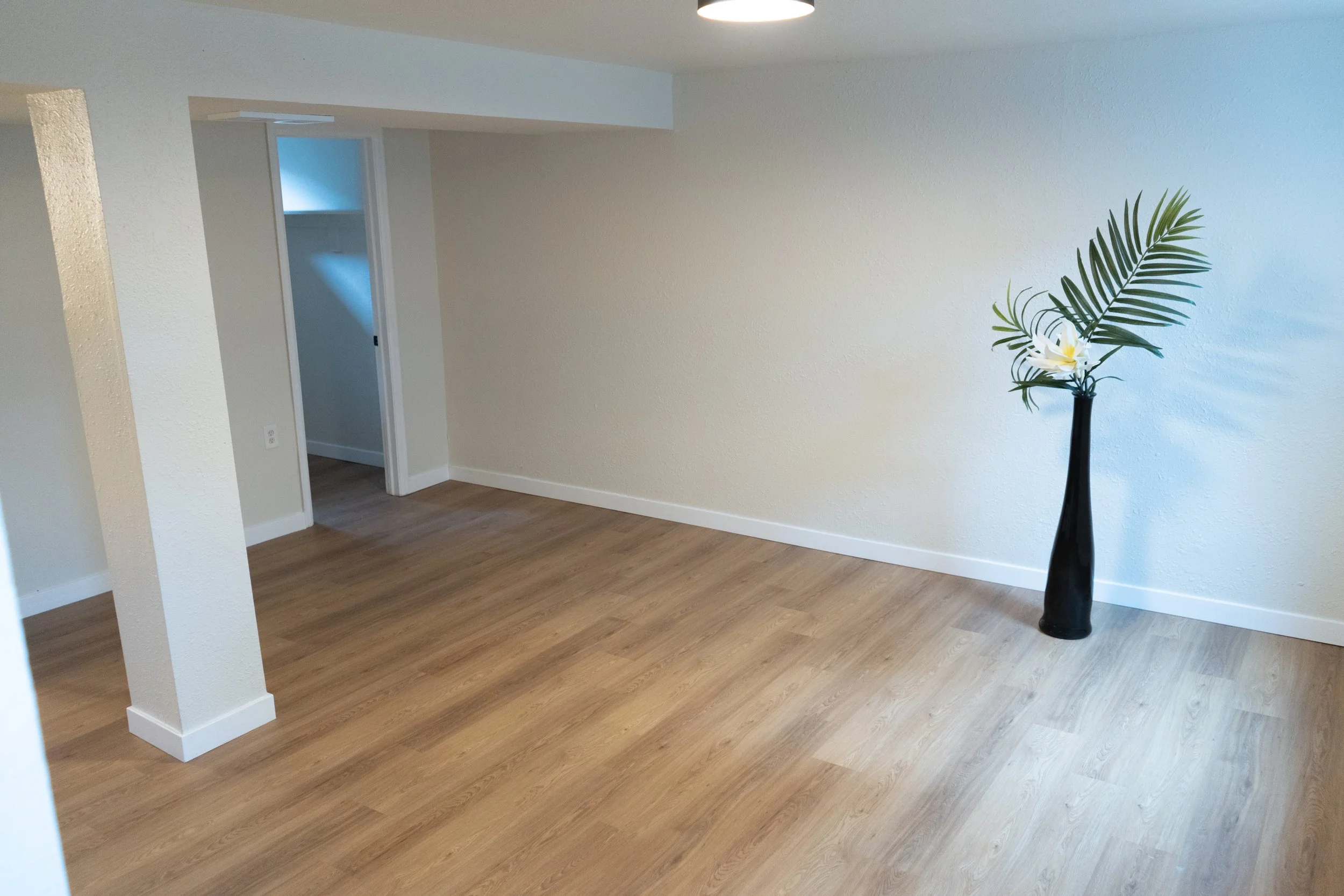 A minimalist room with beige walls, wooden flooring, a doorway, and a tall black vase with green palm leaves and a white flower.