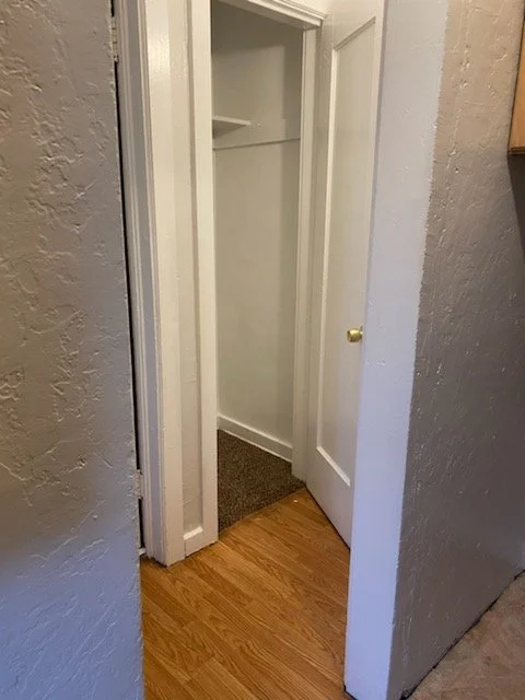 Empty closet with white walls and a single shelf, partially open door, beige walls, and hardwood floor.