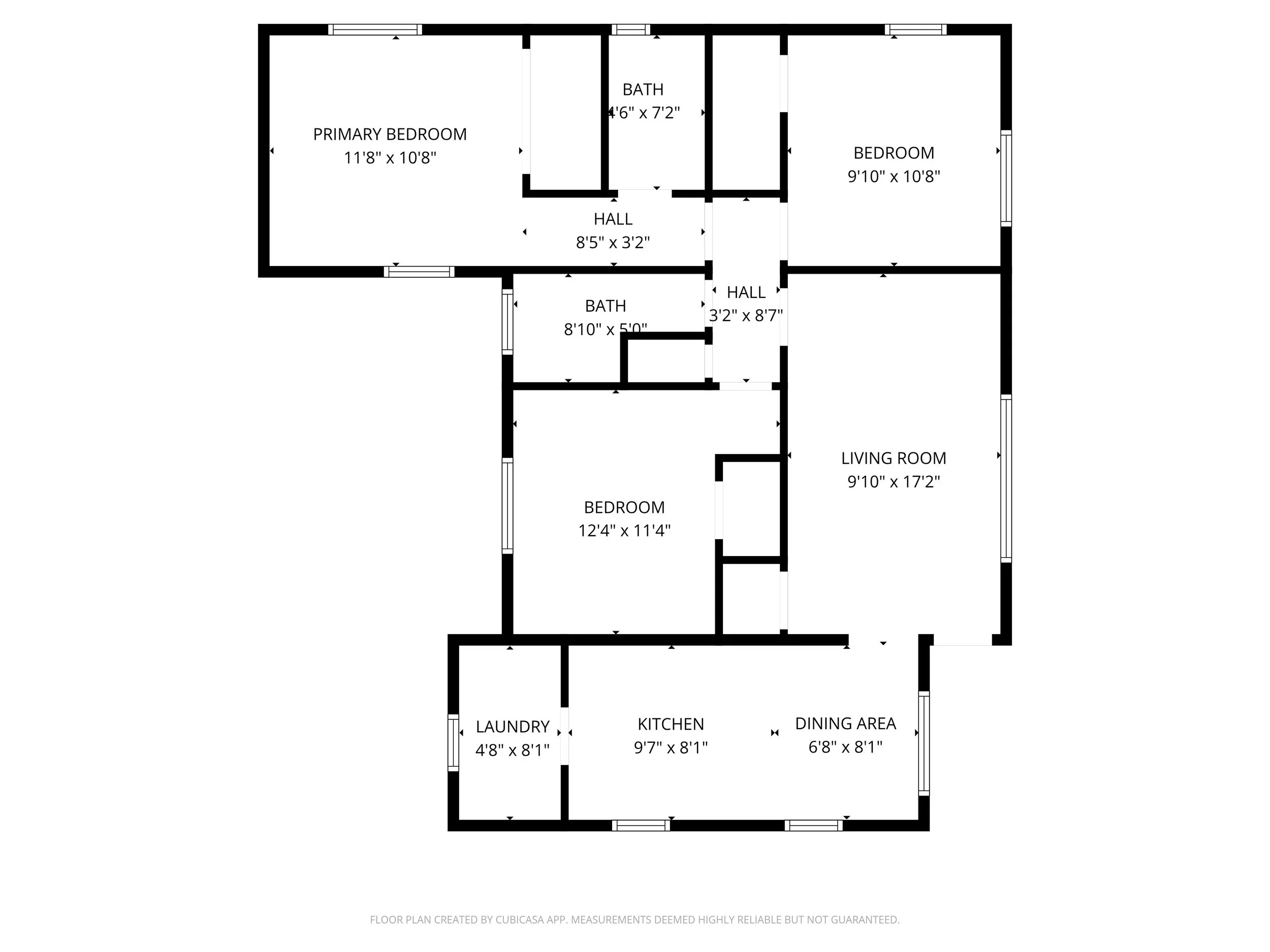 Floor plan of a house with labeled rooms including primary bedroom, additional bedrooms, bathrooms, living room, kitchen, dining area, laundry room, hallways, and door placements.