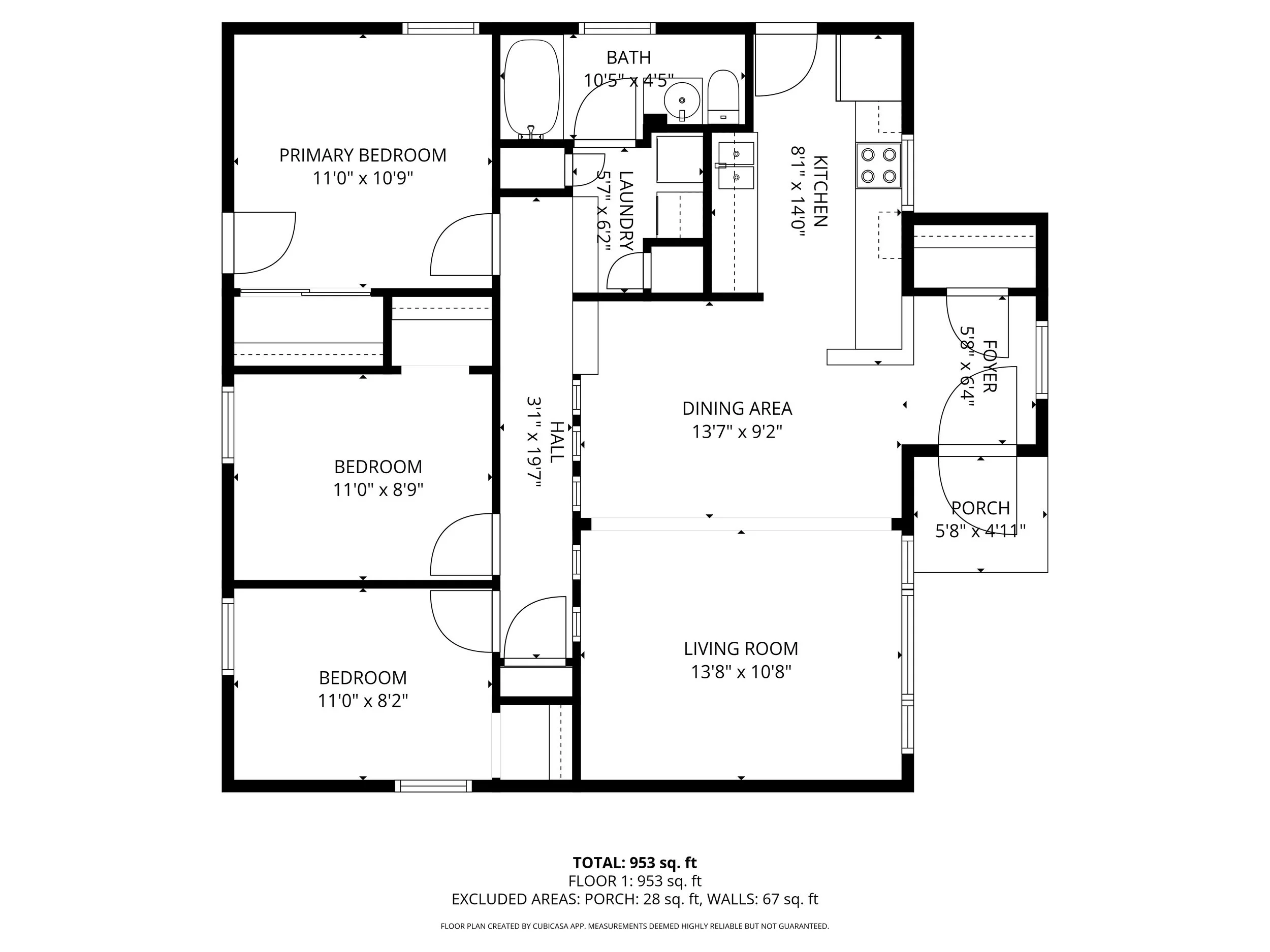 Floor plan of a house with labeled rooms including a porch, living room, dining area, kitchen, primary bedroom, two additional bedrooms, bathroom, laundry, and foyer.