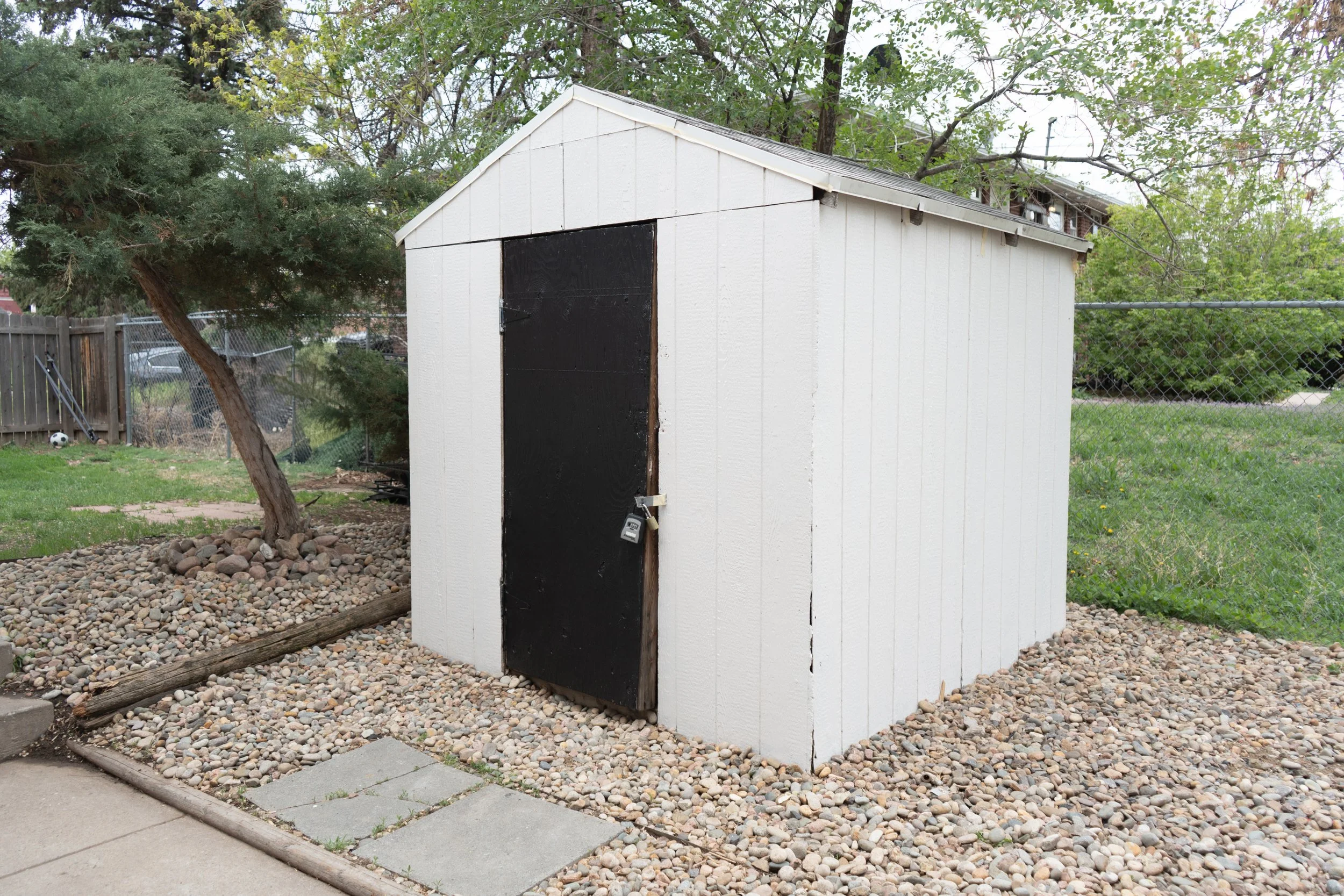 Small shed painted white with a black door secured with a padlock, situated on a gravel patch in a backyard with trees and a chain-link fence.