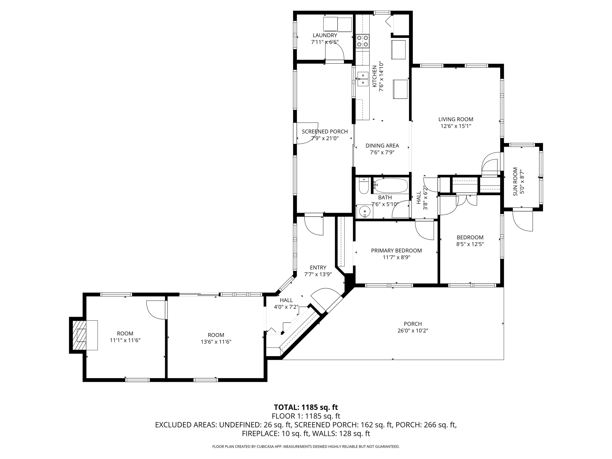 Floor plan of a house showing various rooms including bedrooms, bathrooms, kitchen, laundry, living room, sun room, porch, entry, hall, and additional rooms, with measurements and layout details.