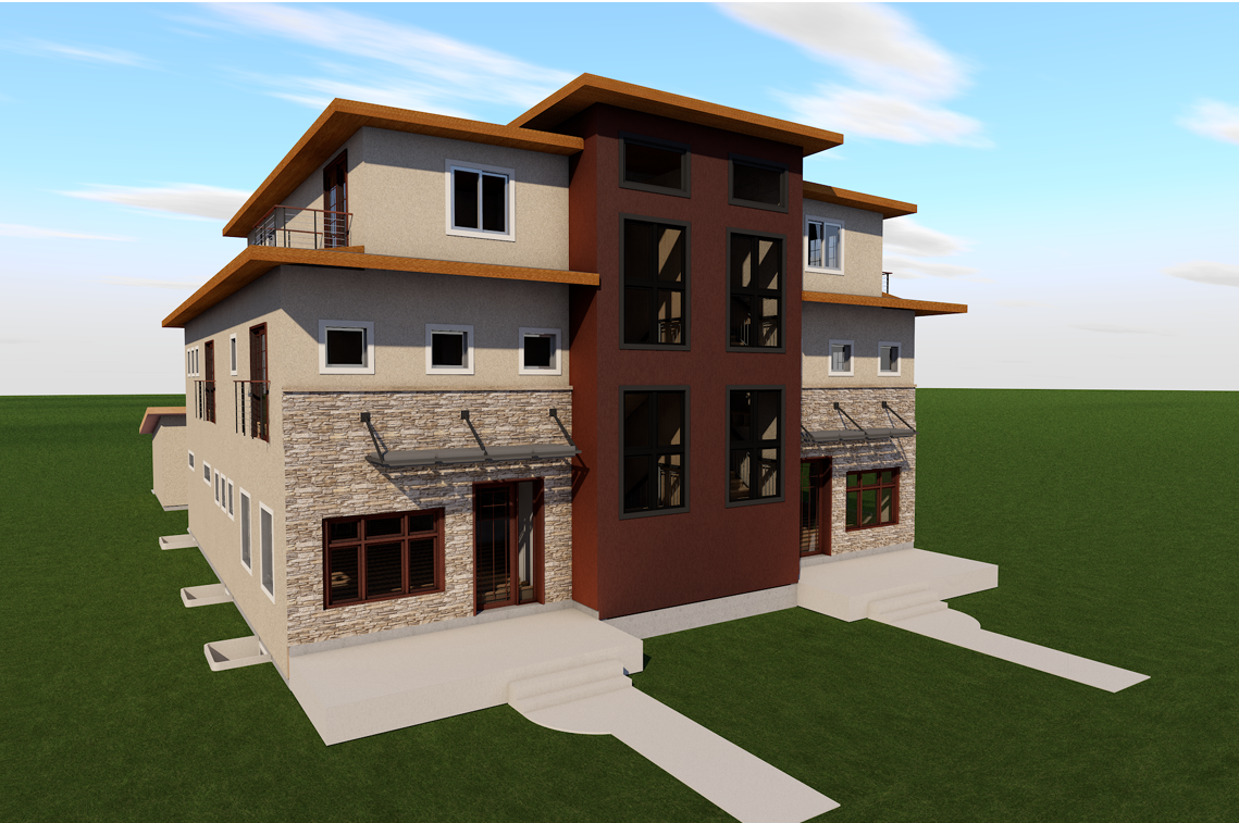 A modern multi-story residential building with stone, stucco, and wood exterior, large windows, balconies, and green lawn.