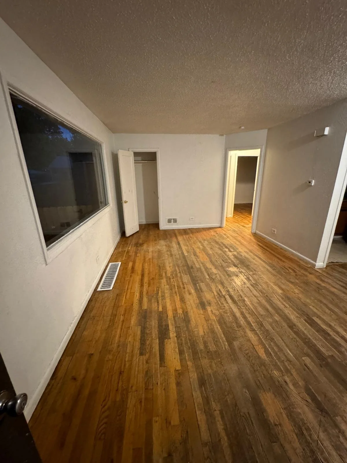 Empty living room with hardwood floors, a large window, a closet, and an open doorway leading to another room, with white walls and a textured ceiling.