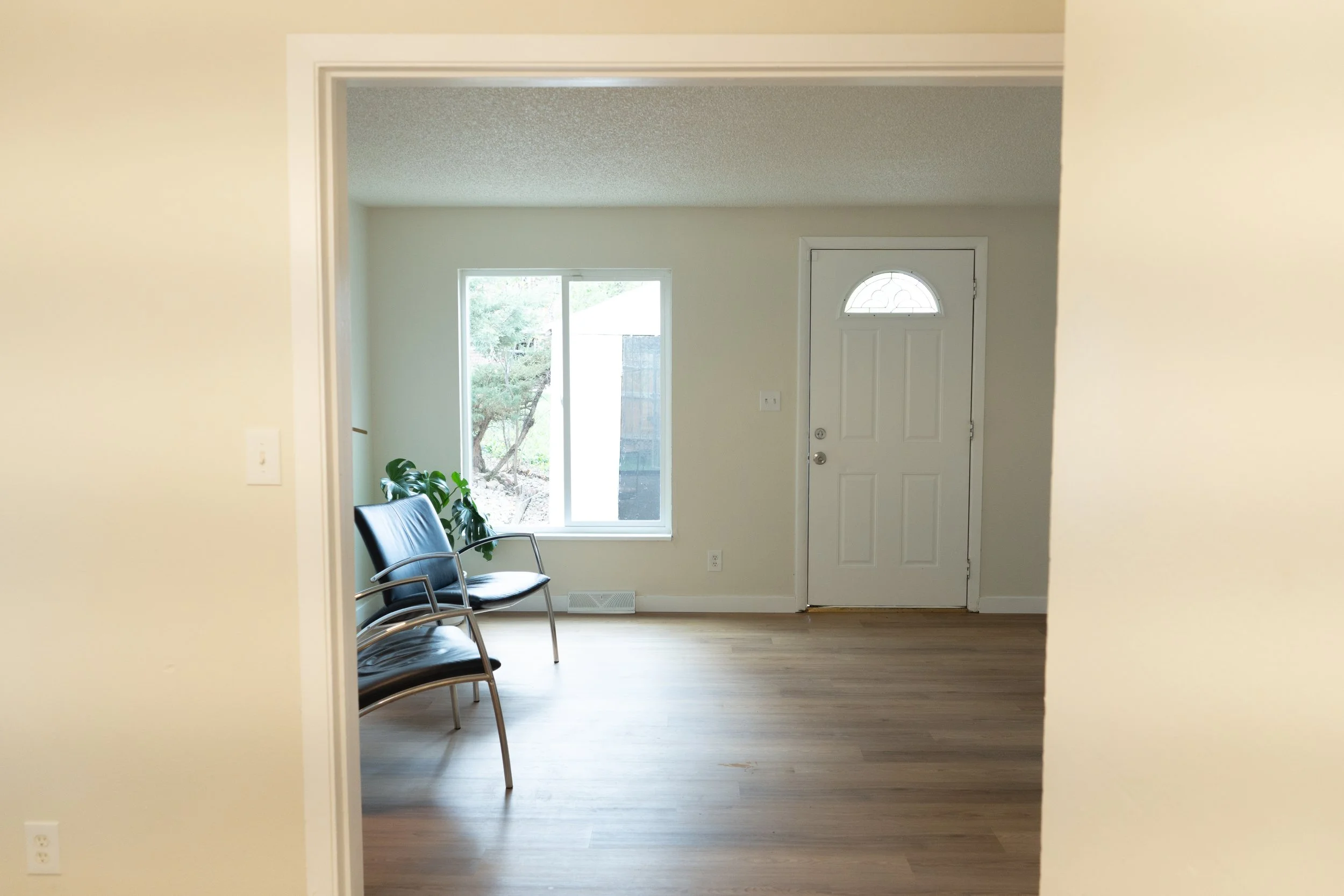 Empty living room with a window, front door, two black chairs, and a small plant near the window.