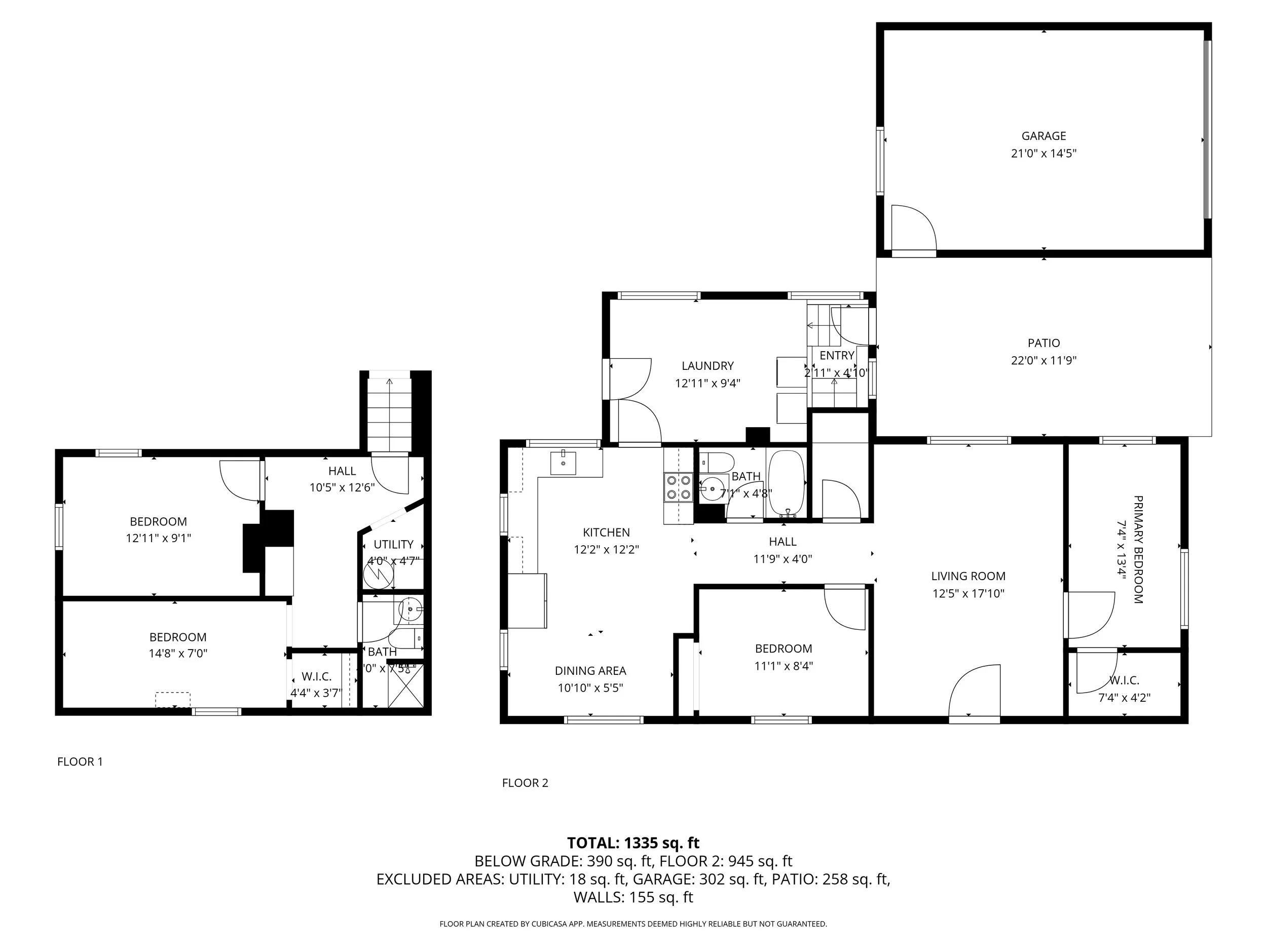 Floor plan of a house with two levels, including bedrooms, bathrooms, kitchen, living room, laundry, utility room, two garages, a patio, and hallways.