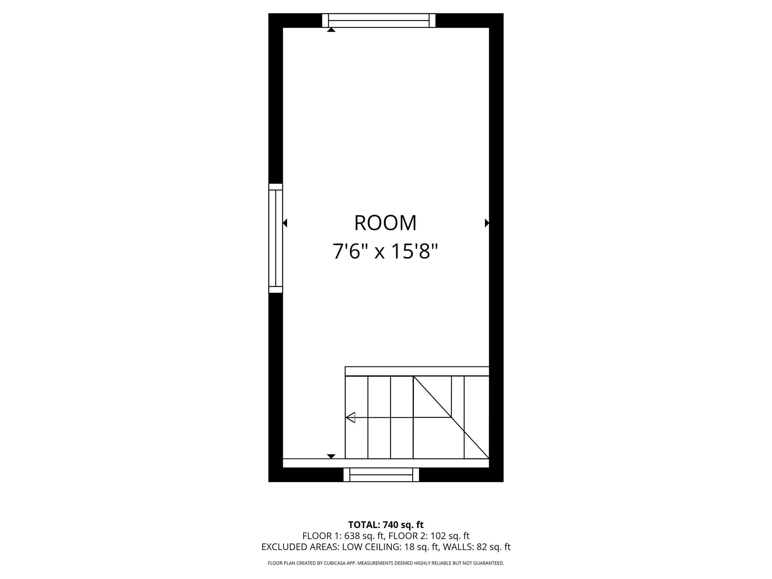 Floor plan of a single room measuring 7 feet 6 inches by 15 feet 8 inches with stairs at the bottom and a window at the top.