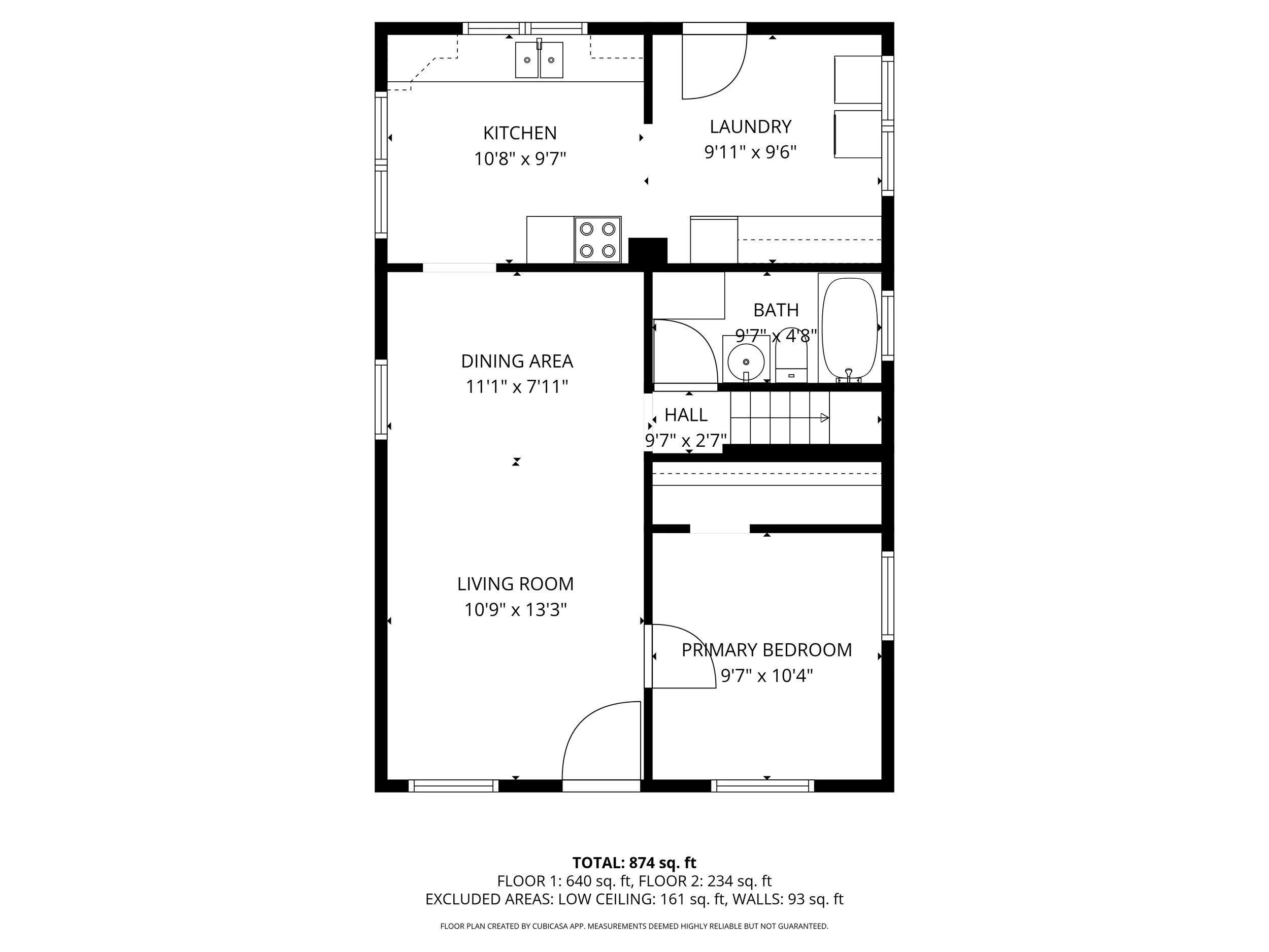 Floor plan of a house showing the layout and dimensions of rooms, including the living room, primary bedroom, dining area, kitchen, laundry, bathroom, and hall.