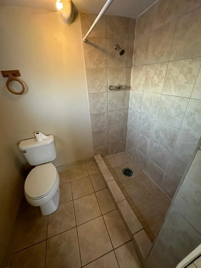 A small bathroom with a toilet and a walk-in shower area with beige tiles and a drain in the floor.