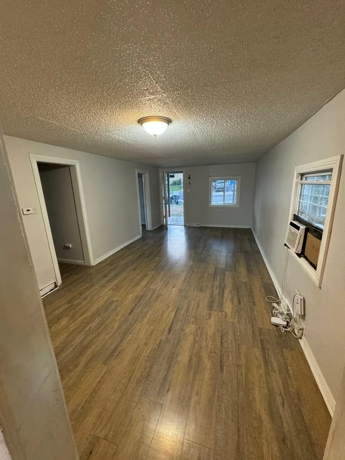Empty living room with wood flooring, white walls, a ceiling light, two windows, and a door leading outside.