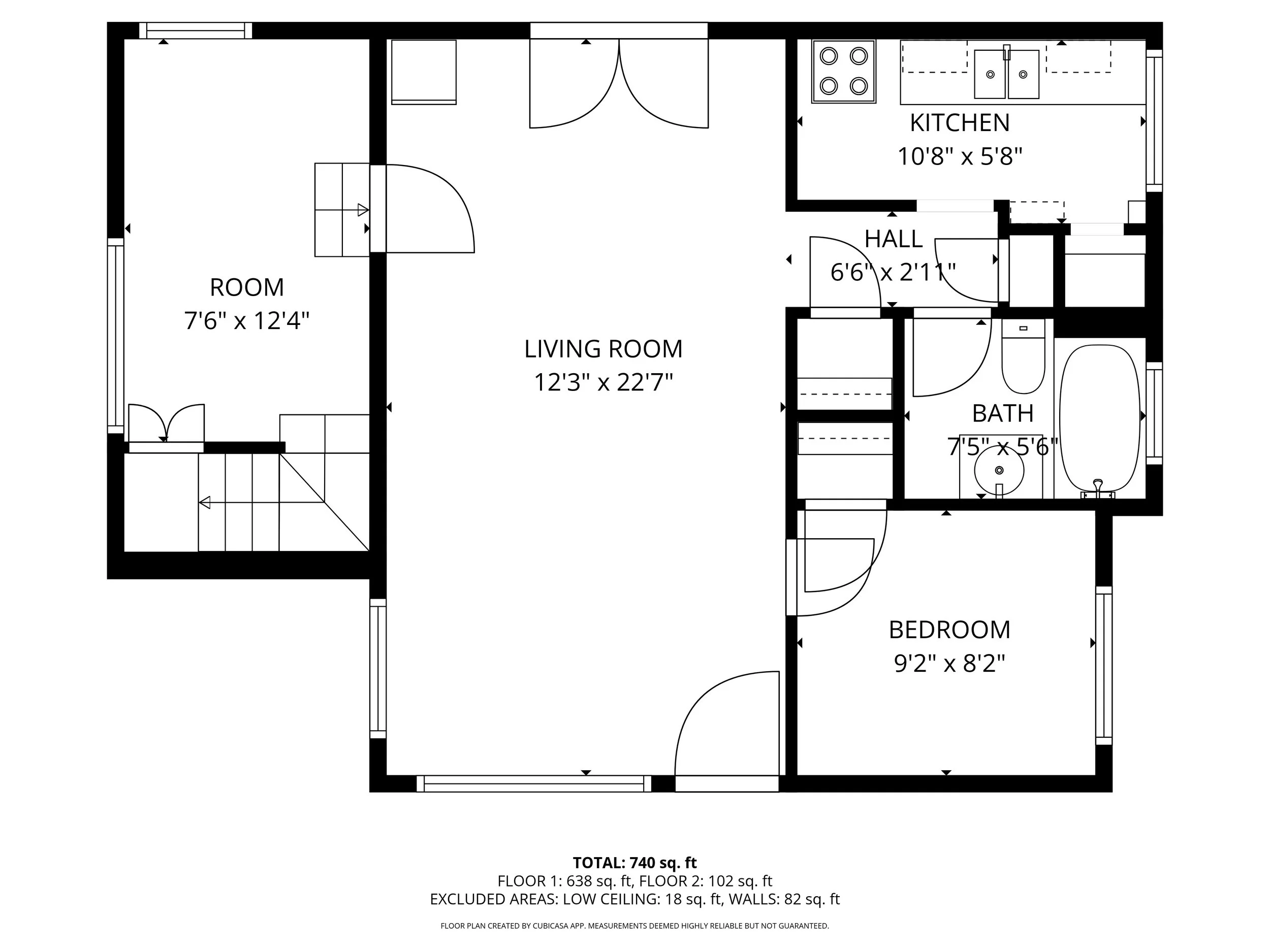 Floor plan of a house with a living room, kitchen, bedroom, bathroom, hall, and an additional room. Dimensions are labeled for each room.