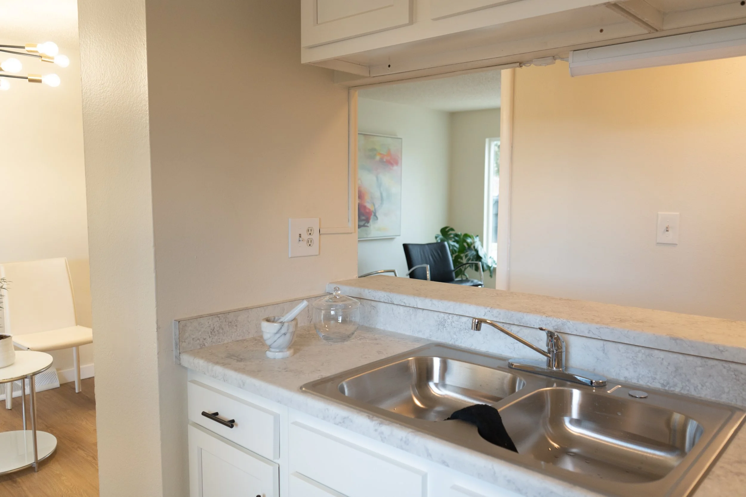 Kitchen sink with a black cleaning cloth, a marble bowl, and a glass jar on a light-colored countertop, with a view into a dining and living area with chairs and artwork.