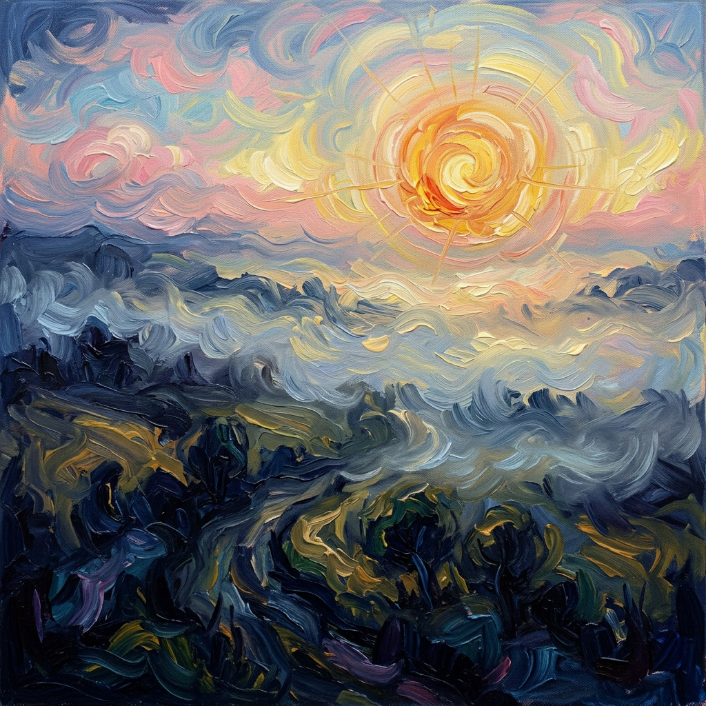 Abstract painting of a sunrise or sunset over a water landscape with swirling clouds and bright yellow sun at the center.