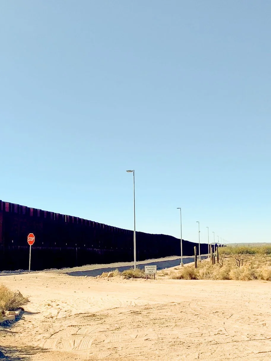 A tall dark steel bollard wall stretching to the horizon along a desert road, with a stop sign and streetlights in the foreground.
