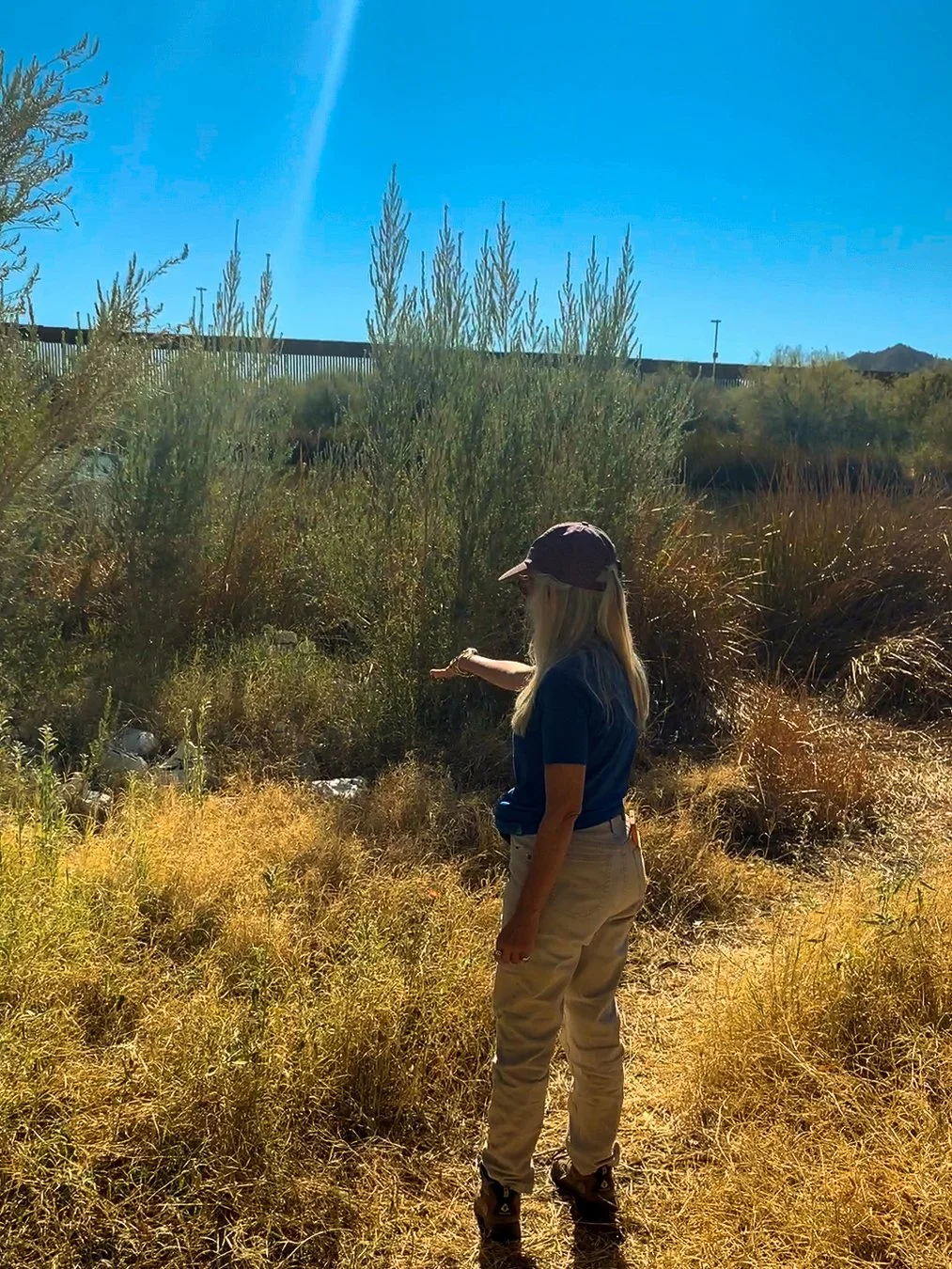 A woman in a ballcap stands in tall grass, gesturing toward a wall visible in the distance behind desert brush.