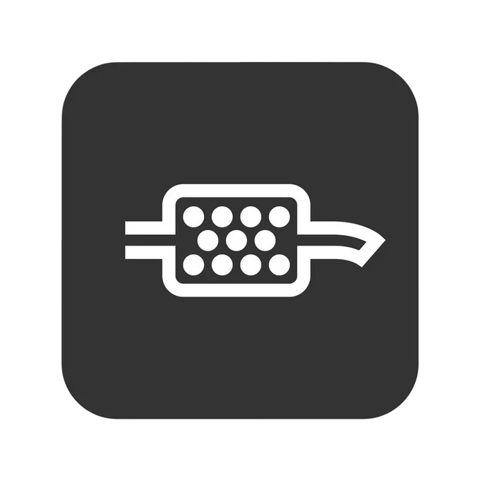 Icon of a catalytic converter, a device with a rectangular shape and circular elements inside, connected to exhaust pipes on both ends.