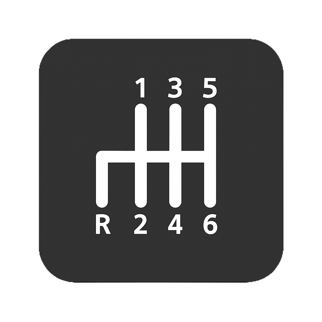 Black background with a white outlined gear shift diagram showing positions for 1, 2, 3, 4, 5 gears and reverse (R) in red, typical for a manual transmission vehicle.