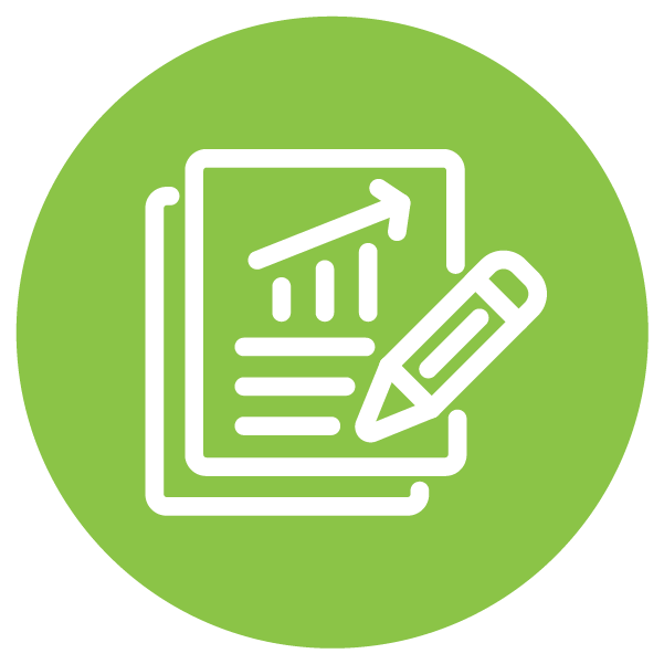 Icon of a report or document with a rising graph and a pencil, in white on a green circular background.