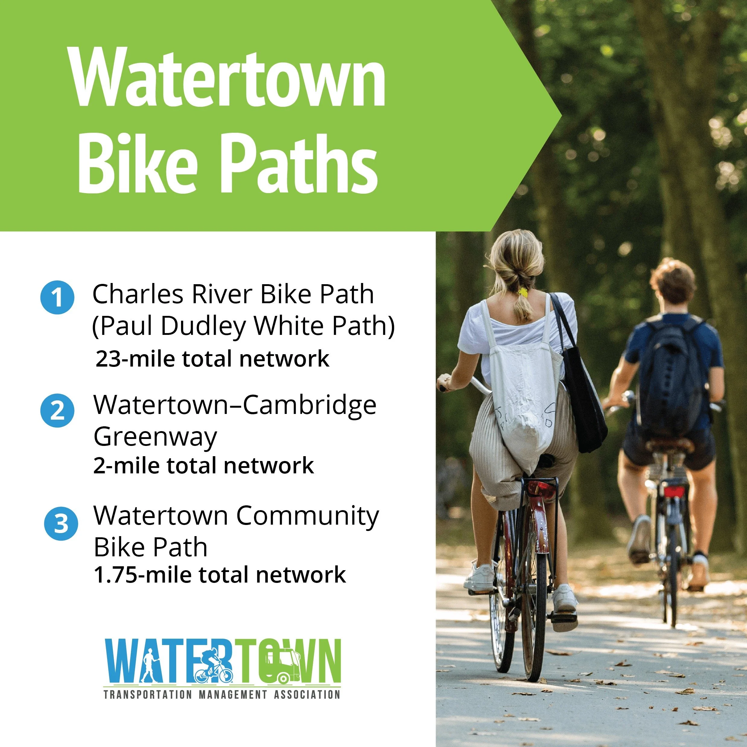 Bike Watertown 🚲

With the Charles River Bike Path and Watertown&ndash;Cambridge Greenway, it&rsquo;s easy to commute or explore the area without a car. Local trails connect you to Boston, Cambridge, and beyond. 🌿

#WatertownMA #BikeLife #BikeCommu