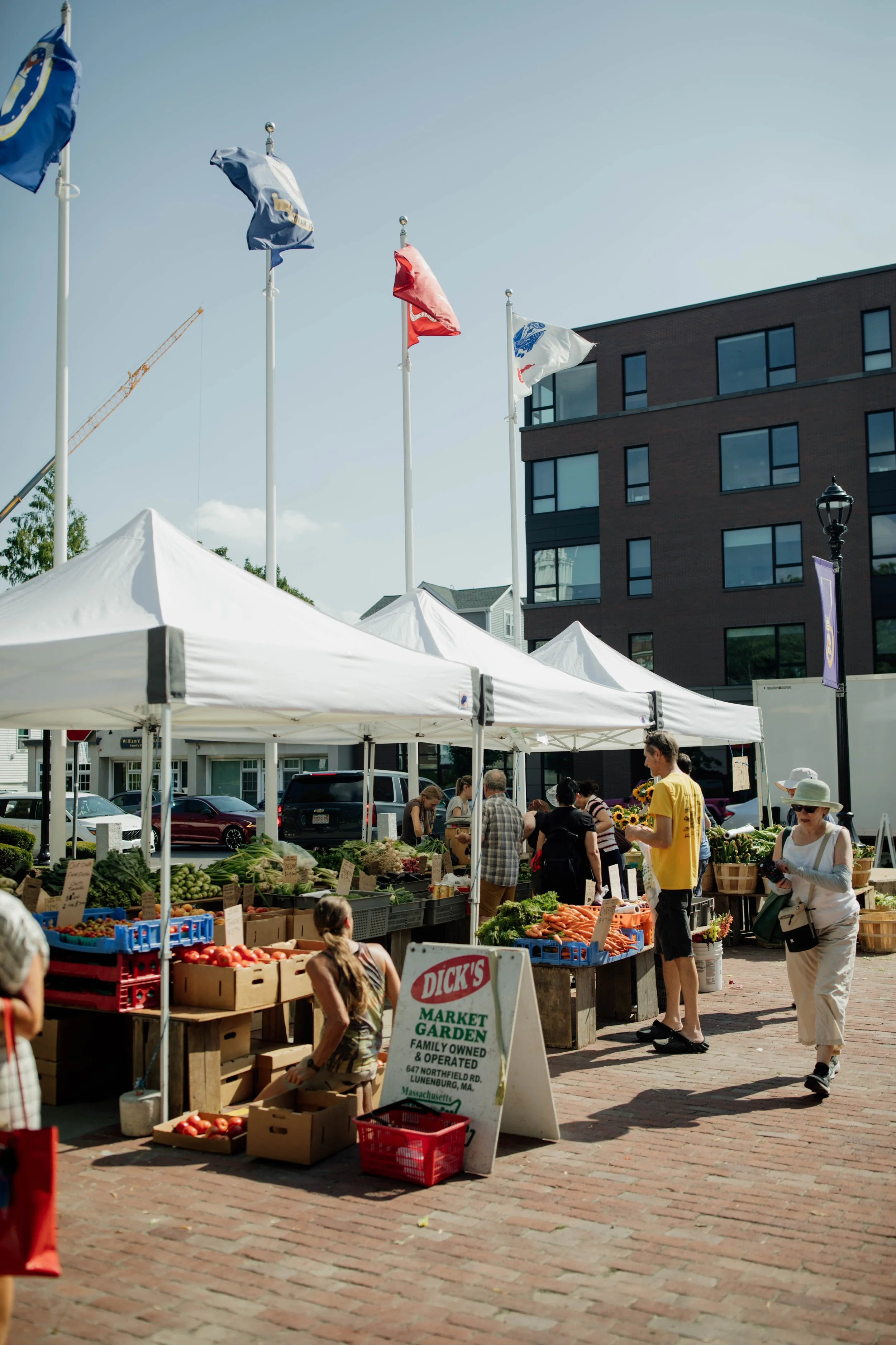 An outdoor farmer's market with tents, people shopping for fresh vegetables, and flags flying in the background on a sunny day.
