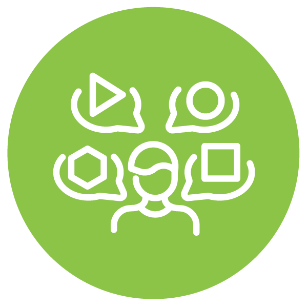 Icon of a person with five surrounding icons representing media, sound, shapes, and patterns, on a green background.