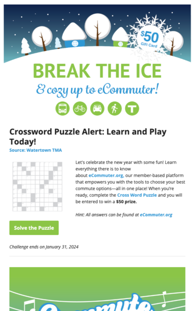 Winter-themed flyer promoting eCommuter.org with a $50 gift card giveaway, featuring snow-covered trees, a starry night sky, and icons of public transportation options.