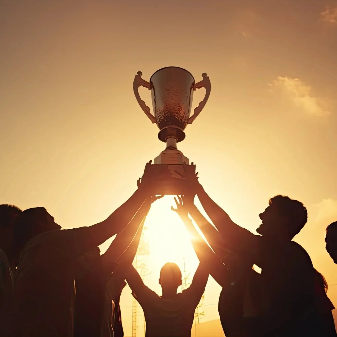 Group of people holding up a trophy during sunset.