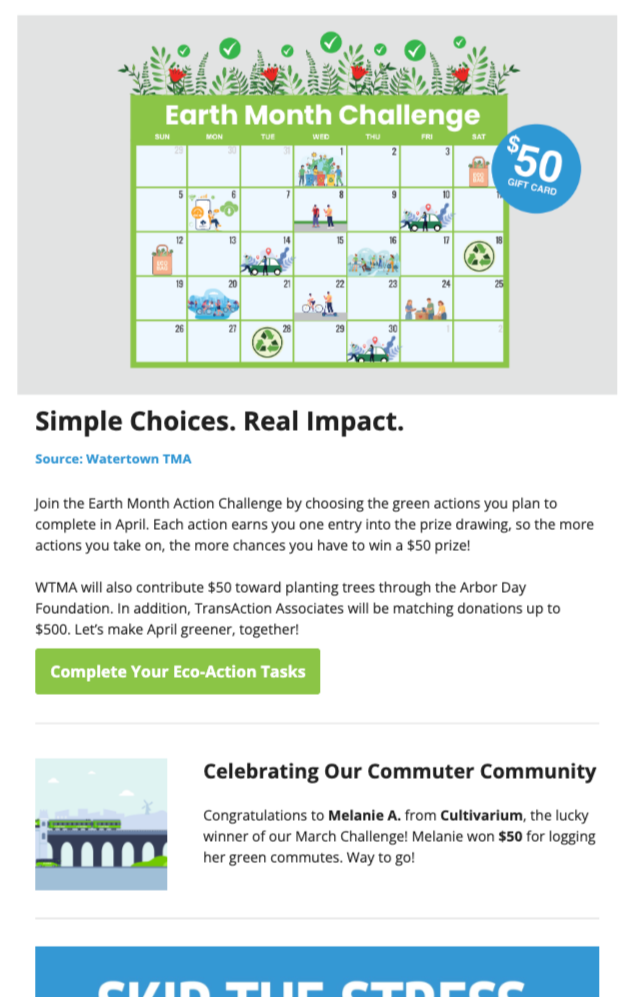 April calendar with Earth Month Challenge activities and a $50 gift card sticker at the top right.