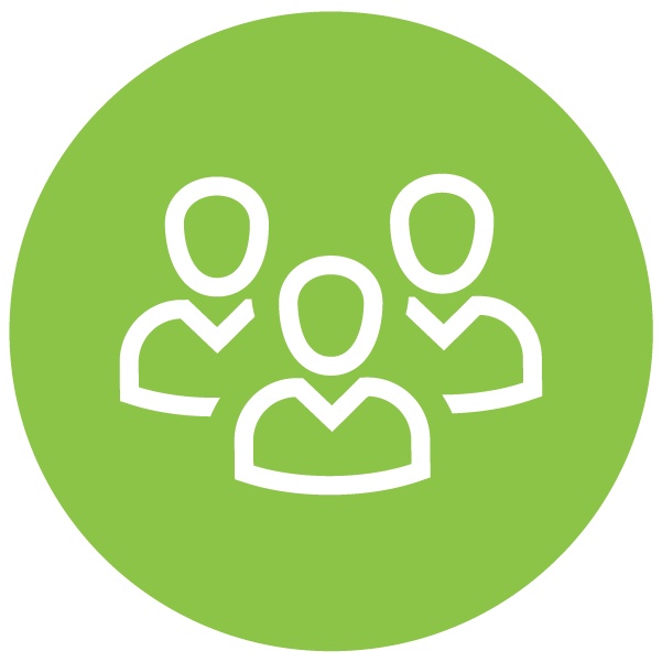 Icon of three people standing together on a green background.