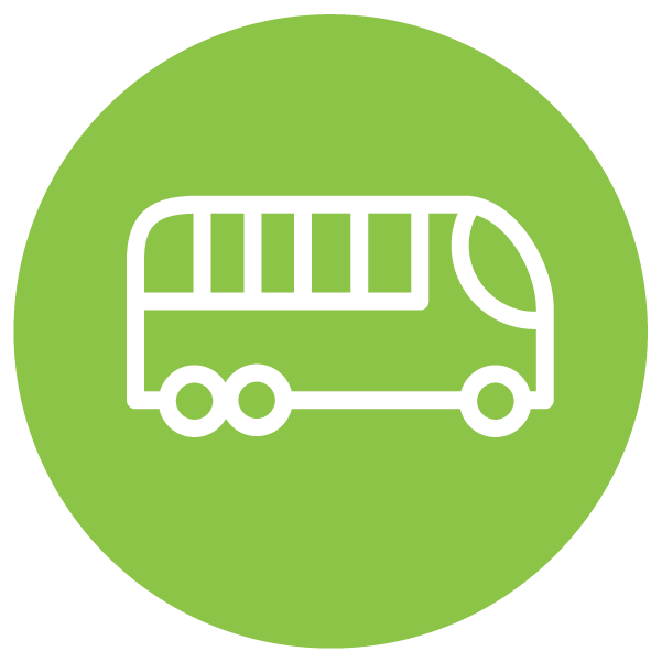 Icon of a bus with windows on a green circular background.