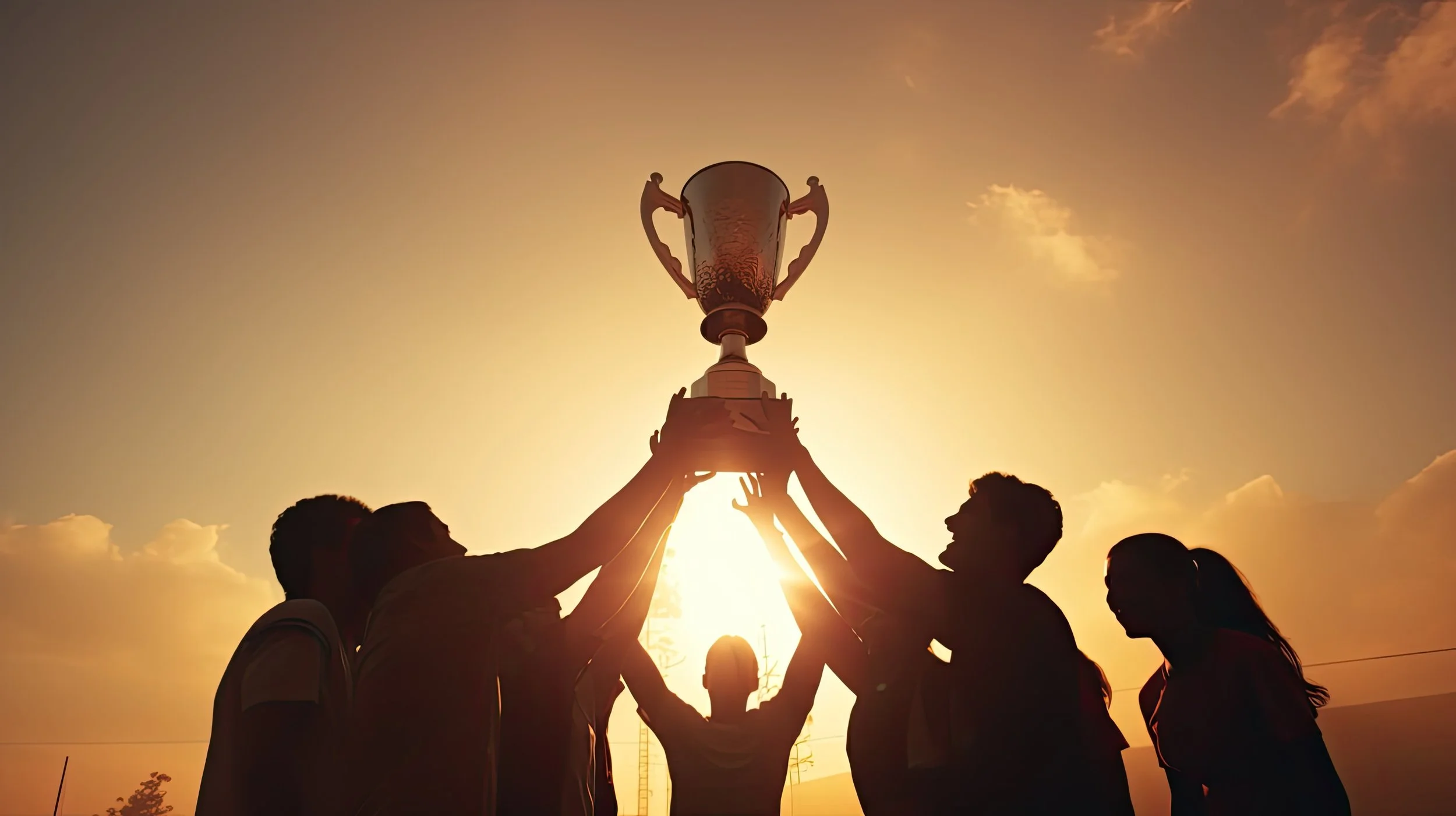 Two hands holding a trophy with red, white, and blue ribbons against a cloudy sky background.
