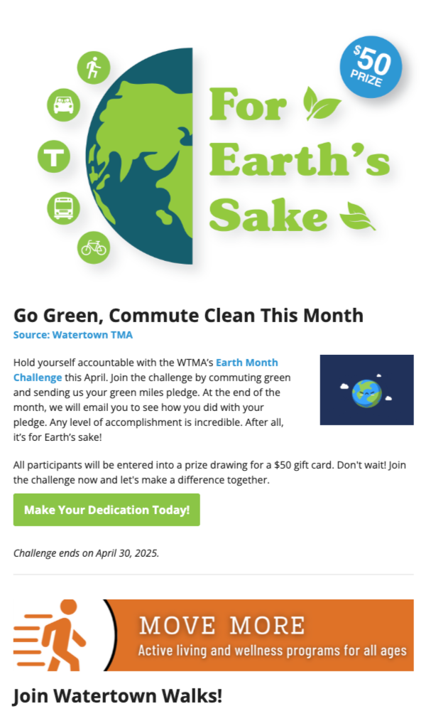 Flyer promoting environmental awareness and health challenges, featuring Earth illustration, icons of various transportation modes, and program details for Earth Month and wellness activities.