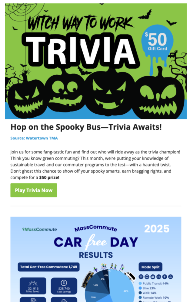 A flyer promoting a Halloween-themed trivia event called 'Witch Way to Work Trivia' with a $50 gift card prize, featuring black pumpkins with carved faces, bats, and a spiderweb on a green background. It also includes information about a Car-Free Day results report with statistics and a 'Play Trivia Now' button.