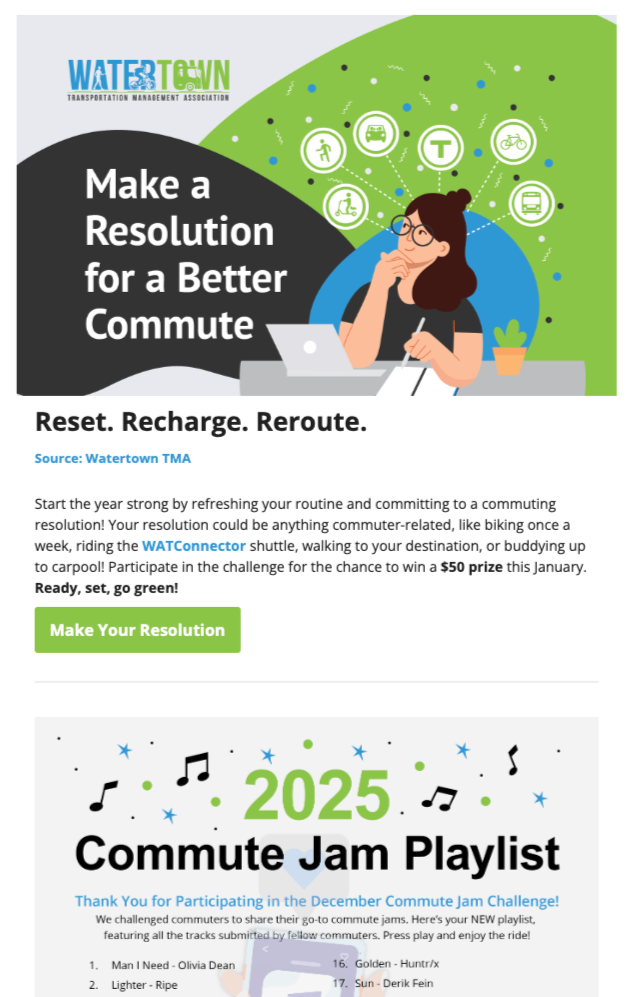 Flyer for Watertown Transportation Management Association encouraging better commute choices, with a woman working at a desk and a playlist of songs for the 2025 Commute Jam Challenge.