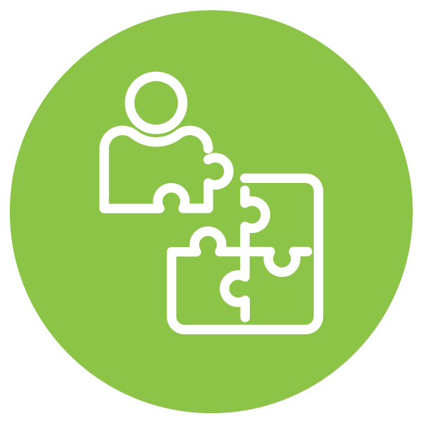 Icon of a person assembling puzzle pieces, with a green circular background.