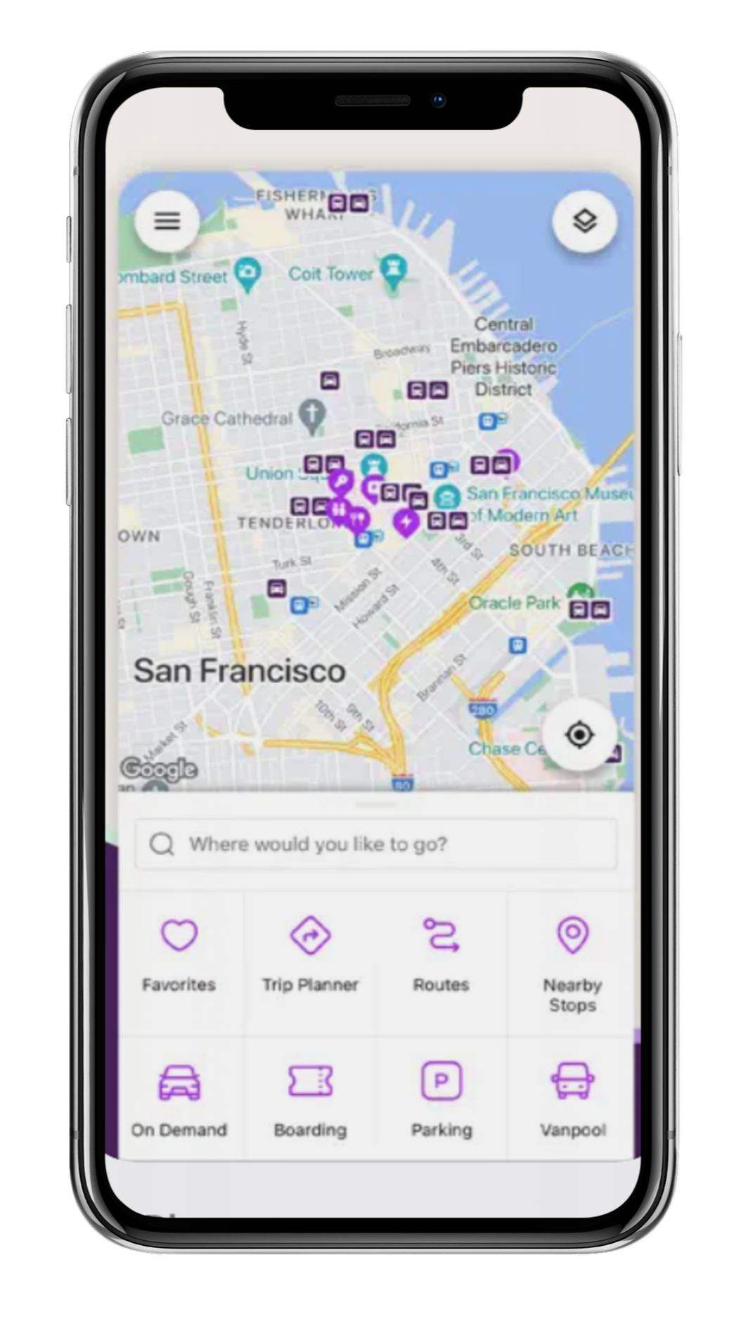 A smartphone screen showing a map with various icons for transportation options, attractions, and services, including a search bar and menu options for favorites, trip planner, routes, nearby stops, on demand, boarding, parking, and vanpool.