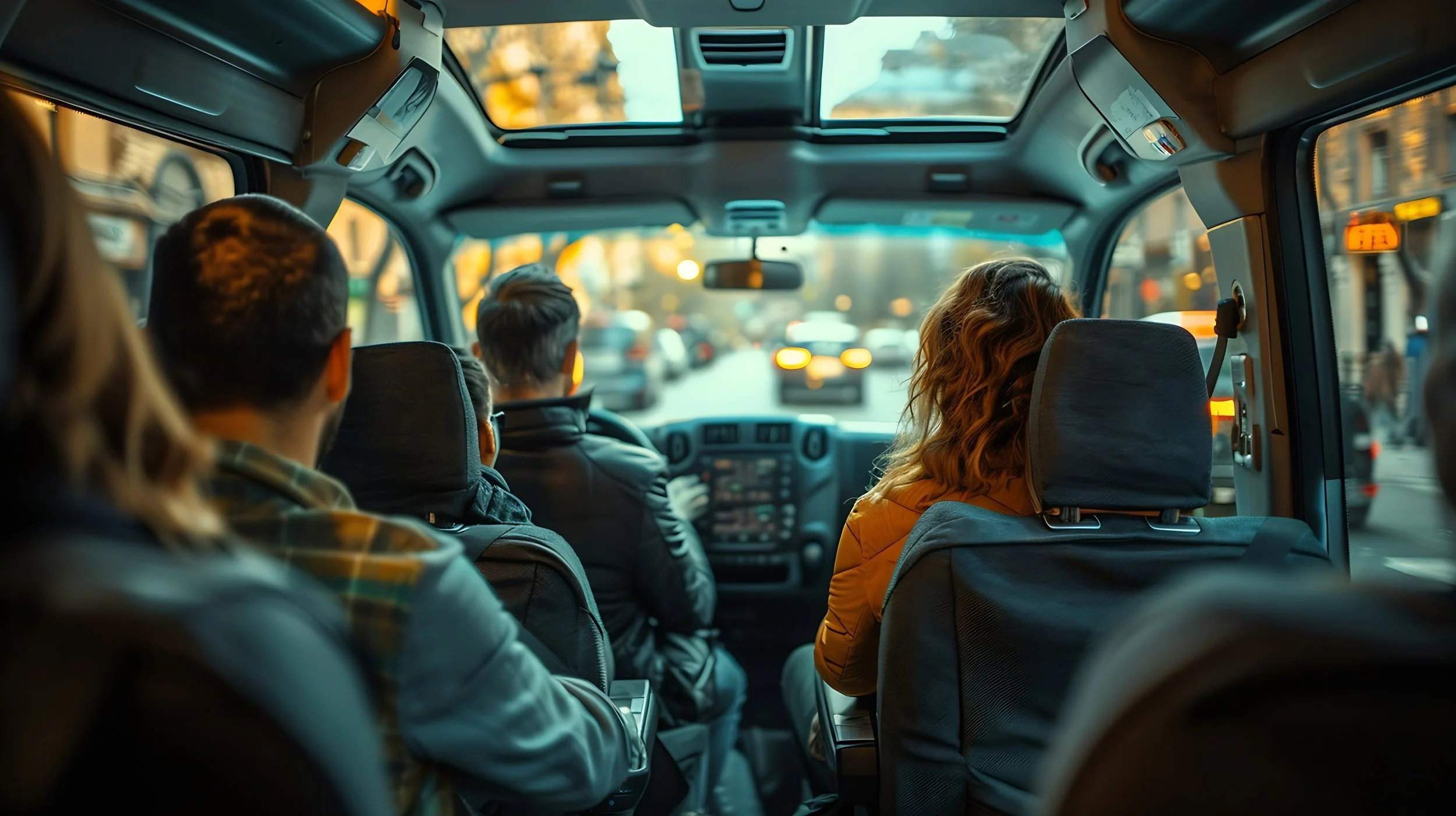 Inside a city bus showing passengers seated and facing forward, including a man driving, with traffic visible through the windshield.