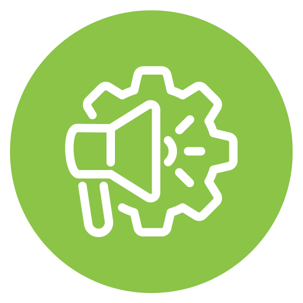 Green circle with a white icon of a megaphone inside a gear.