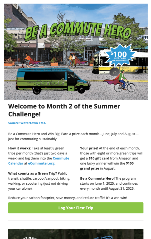 Poster encouraging eco-friendly commuting with illustrated scenes of buses, green van, and cycling, featuring the text 'Be a Commute Hero' and a $100 gift card grand prize.