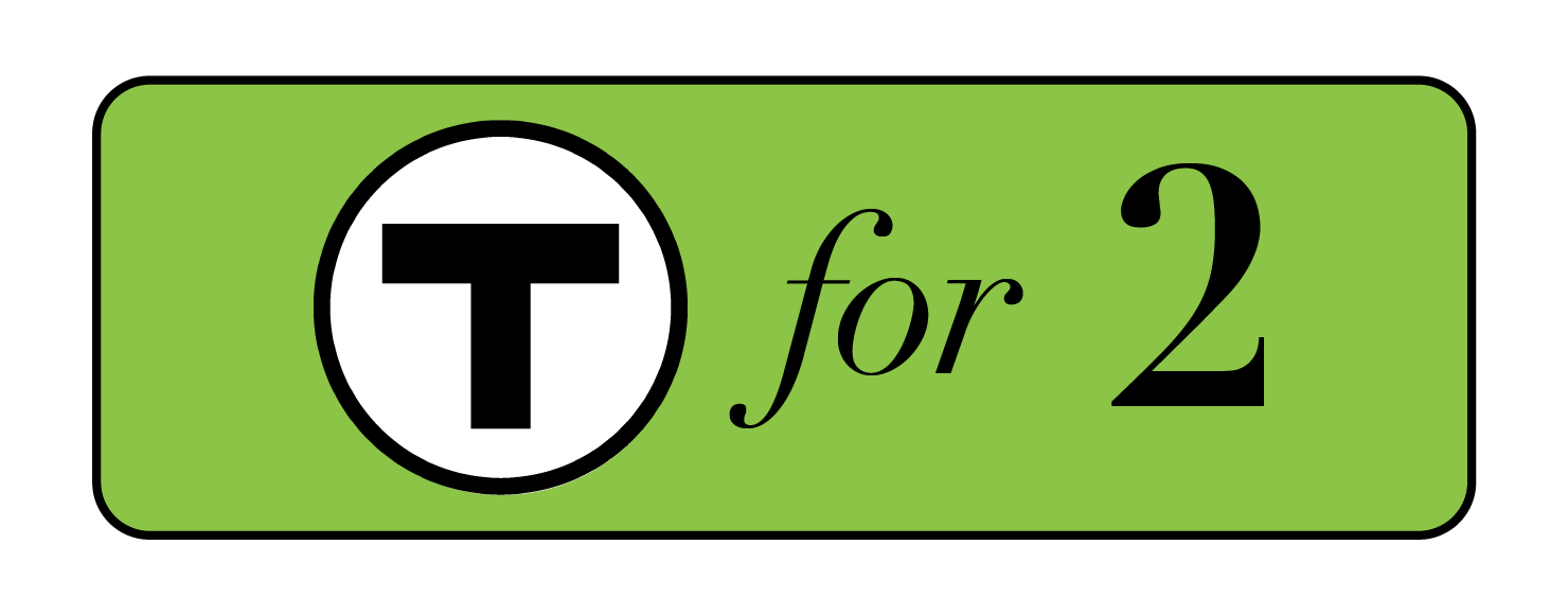 Green rectangular graphic with a white circle containing a black letter T, followed by the text 'for 2' in black.